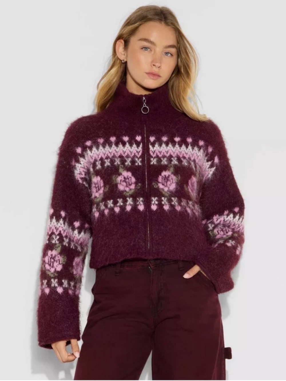 wild fable Maroon and Pink Floral Fair Isle Zip Cardigan